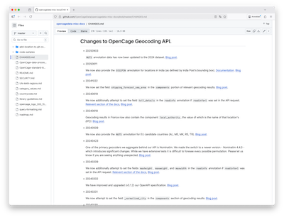 Screenshot of the OpenCage geocoding API Change log