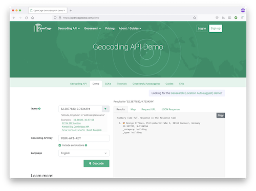 Screenshot of the OpenCage geocoding API demo page