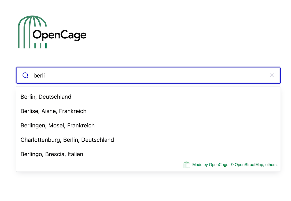 Screenshot of the OpenCage geosearch service