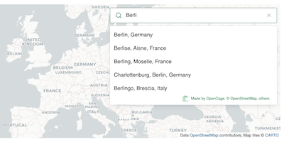 Screenshot of the OpenCage geosearch on a map