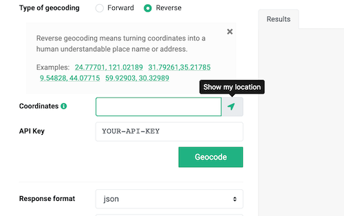 OpenCage geocoding demo page - browser location example