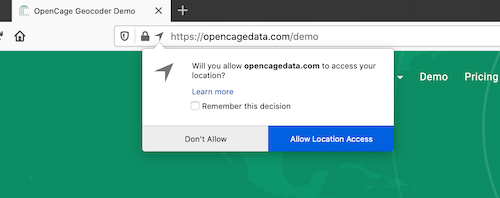 OpenCage demo page - browser location permission prompt