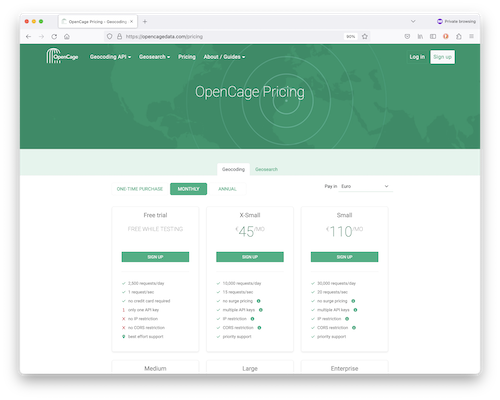 Screenshot of the OpenCage pricing page