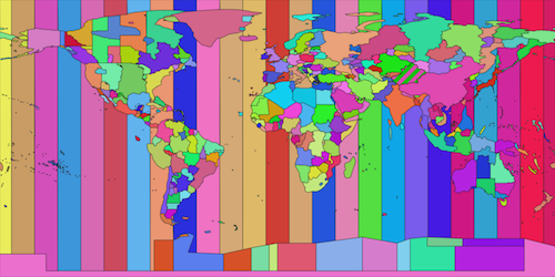 Map of world showing timezone regions as of 2023d