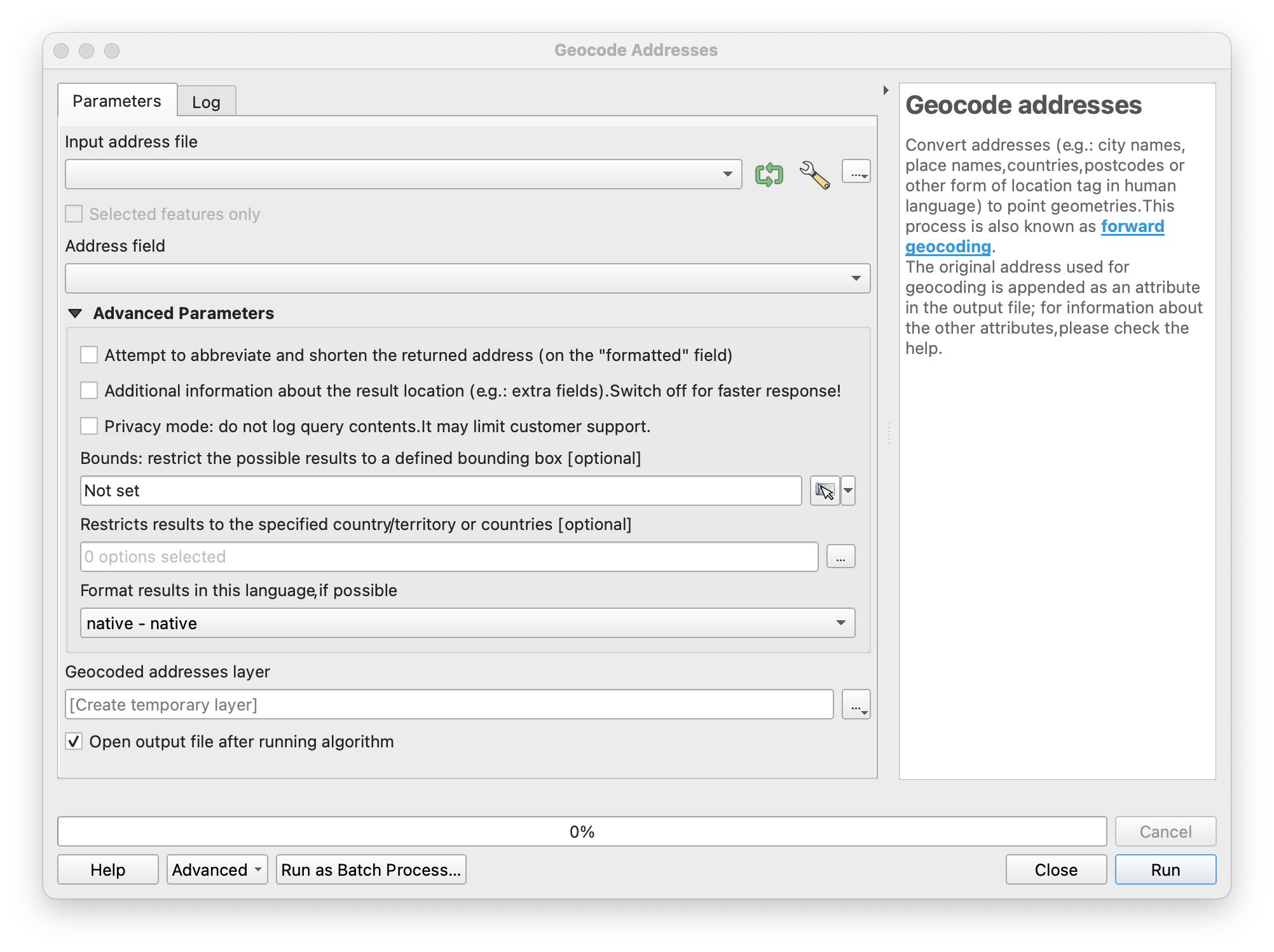 OpenCage forward geocoding algoritmn in QGIS