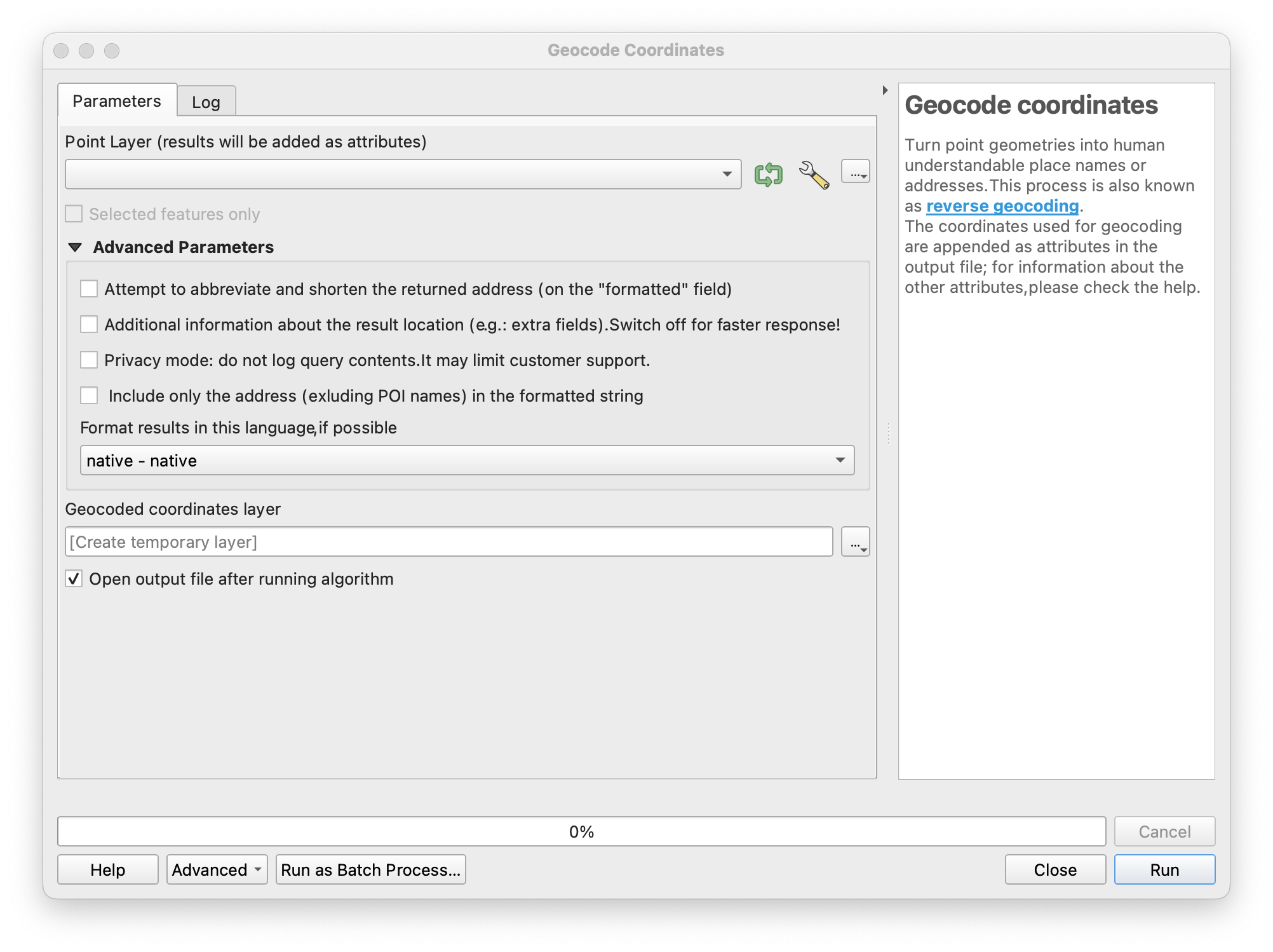 OpenCage reverse geocoding algoritmn in QGIS