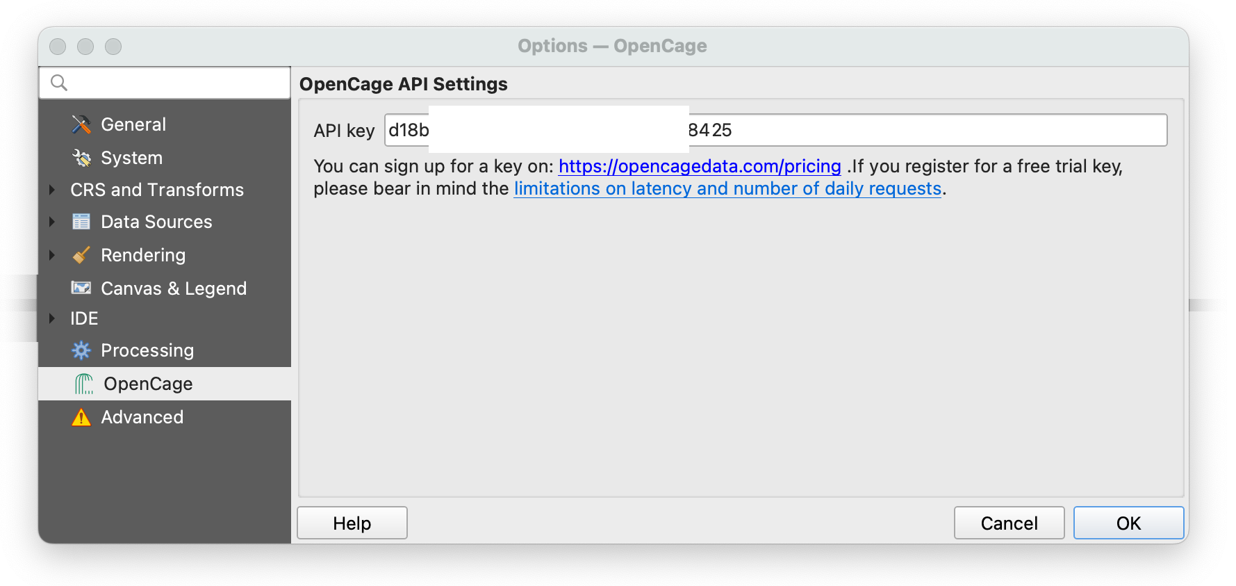 Add API key to OpenCage plugin settings