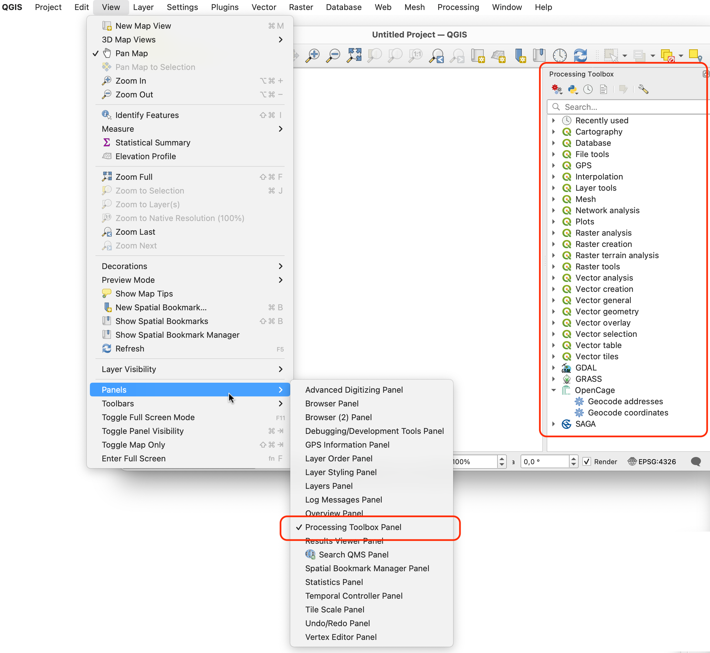 Activate QGIS processing toolbox panel