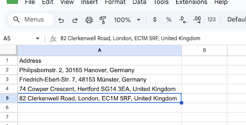 Spreadsheet geocoding example